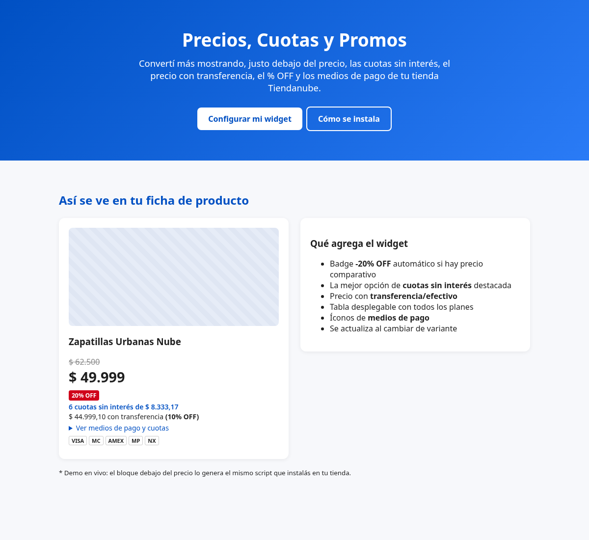 Ficha de producto con cuotas, transferencia y badge de descuento